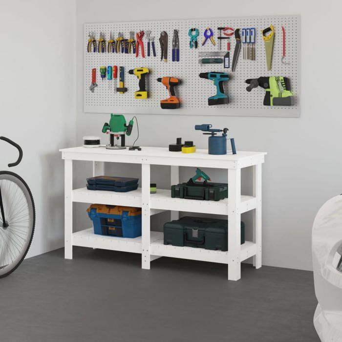 Vidaxl Banc de Travail Table de Travail avec Étagères Établi en Bois Banc de Rangement Banc dOutils Blanc 142 5x50x80 823650 - vue 1
