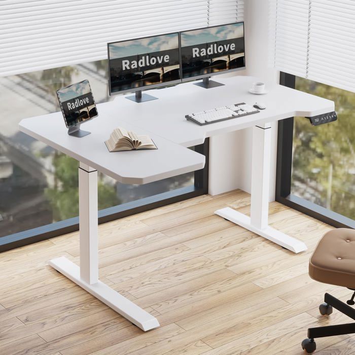 Radlove 150cm Bureau Assis Debout Electrique 2 Motors Bureau dangle réglable en hauteur électriquement - 150cm L Form Blanc