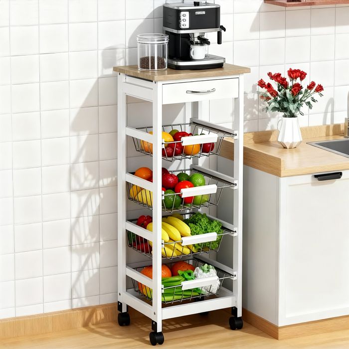 Desserte cuisine à roulettes - HOMCOM - 4 paniers métal et tiroir - cadre en bois de pin - petit espace - blanc Desserte cuisine à roulettes - HOMCOM - 4 paniers métal et tiroir - cadre en bois de pin - petit espace - blanc
