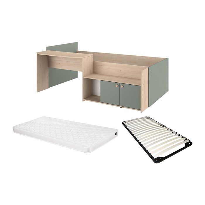 Lit combiné 90 x 190/200 cm - Coloris : Naturel et vert + Sommier + Matelas - MIVONA Lit combiné 90 x 190/200 cm - Coloris : Naturel et vert + Sommier + Matelas - MIVONA