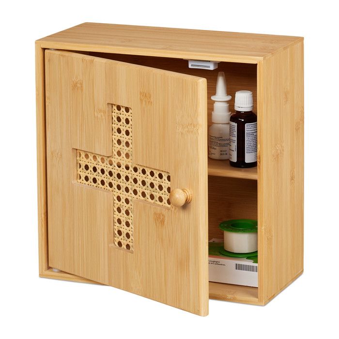Relaxdays Armoire à pharmacie à poser croix décorative 2 compartiments H x L x P : env. 28 x 28 x 16 cm nature