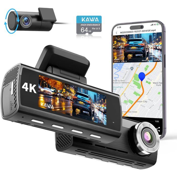 Dashcam Voiture 3 Canaux CAMECHO - Avant Arrière Intérieur 1080P, Vision Nocturne, G-Sensor, Stationnement 24H