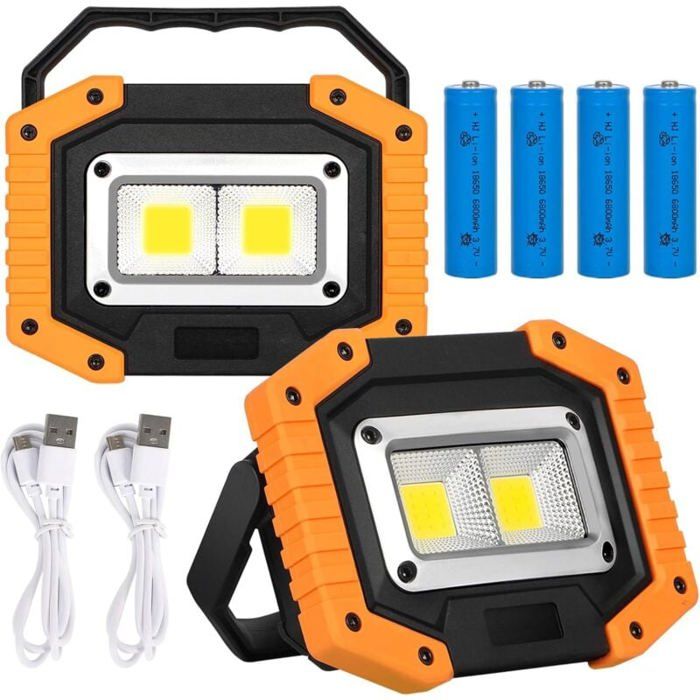 2 Projecteur de Chantier LED USB Rechargeable Lampe de Travail 30W 2000LM-Luminaire extérieur avec 4 18650 Batteries IP65 Camping 2 Projecteur de Chantier LED USB Rechargeable Lampe de Travail 30W 2000LM-Luminaire extérieur avec 4 18650 Batteries IP65 Camping