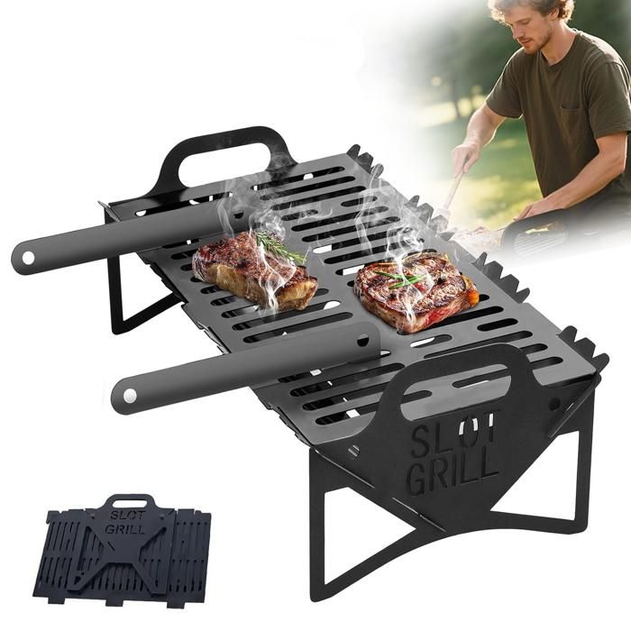 Grille à fentes - Barbecue pliable portable en acier inoxydable installation sans outil léger et compact