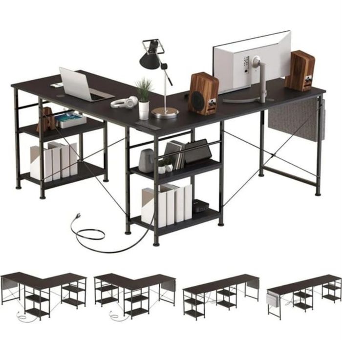Bureau en L à configuration réglable avec étagères de rangement et ports de recharge noir