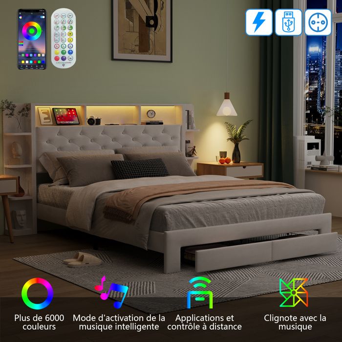 Lit 140x200 avec Rangement et USB–avec 2 Tiroirs–Cadre de Lit Rembourré–Tissu en Velours–avec Sommier–2 Places–Adulte/Ado–Blanc