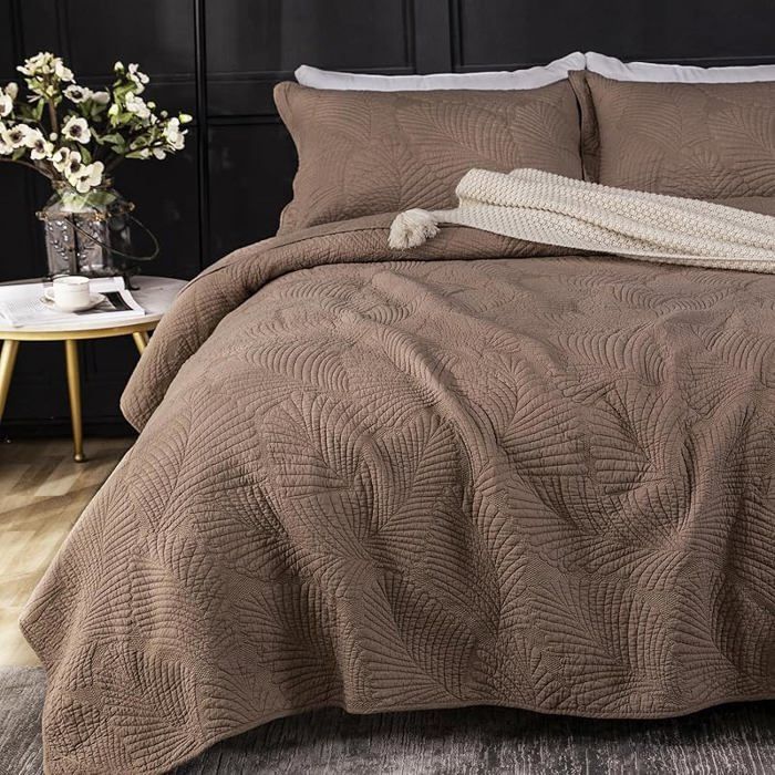 Couvre-lit 240x260 cm en coton 100% super doux motif feuille de café couleur café JETEE DE LIT