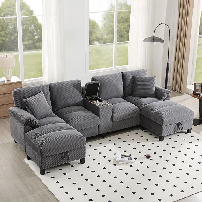 Canapé dangle en U - Canapé 4 Places - USB - Espace de rangement - Porte-gobelets en Acier Inoxydable - Velours côtelé Gris
