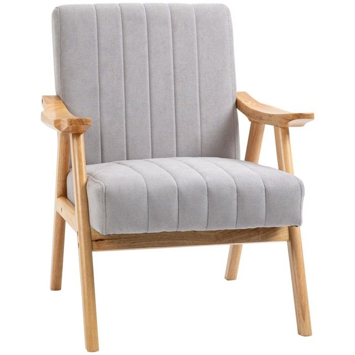 Fauteuil design scandinave gris clair rembourré à oreilles avec accoudoirs et pieds en hévéa.