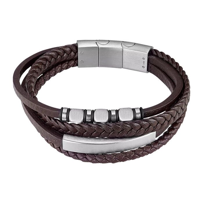 Bracelet homme - LOTUS - Lotus Style 4 rangs - Cuir marron - Plaque & perles acier - 20 cm ajustable