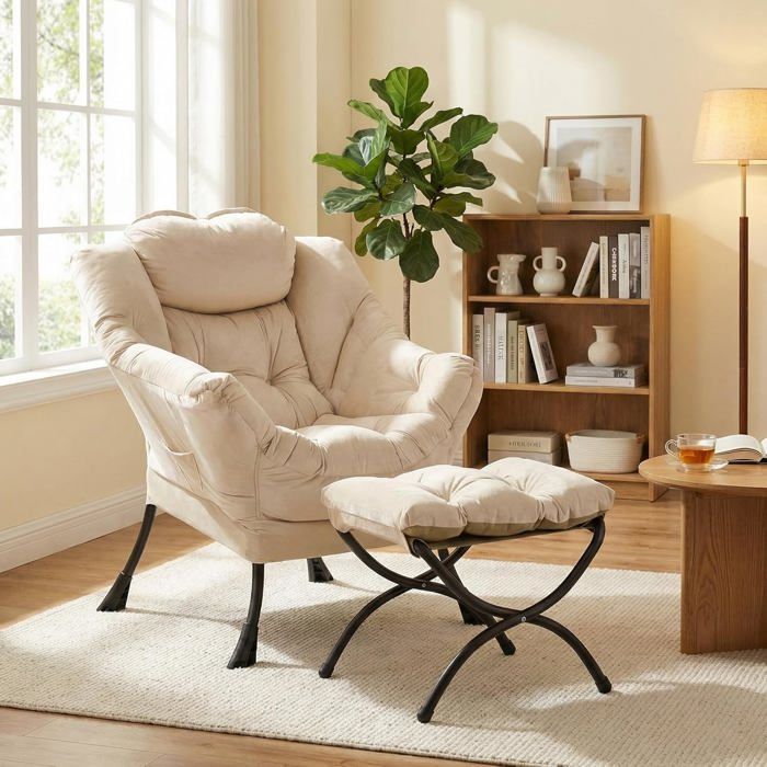Fauteuil lounge à oreilles - LUNSY - 84x685x99 cm - Beige - Repose-pieds pliable - Poche latérale intégrée