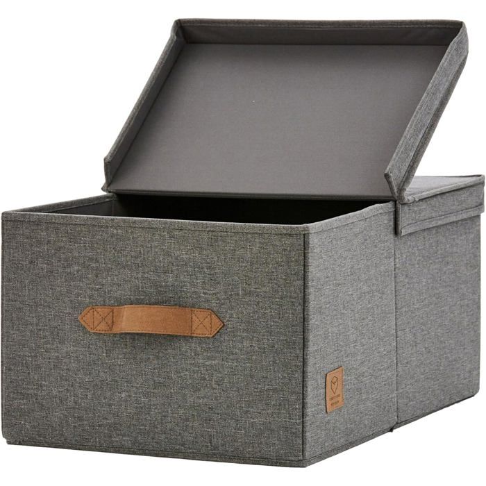 Boîte de rangement en lin-KAL-boîte de rangement en tissu avec couvercle 33×50×24 cm gris