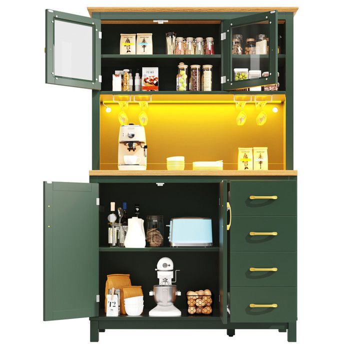 Buffet Cuisine Panneau latéral vert 105.5x40x180cm 4 portes avec barre lumineuse LED et porte-gobelets armoire de rangement