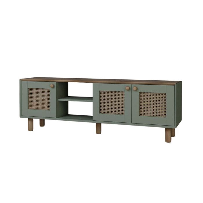 Meuble TV en bois et cannage Bohemian - 160 x 40 x 56 cm - Vert