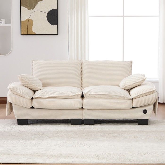 Canapé modulable 2 places velours côtelé beige assise large ergonomiquemousse haute densité USB-C et poches latérales 190x73x84cm Canapé modulable 2 places velours côtelé beige assise large ergonomiquemousse haute densité USB-C et poches latérales 190x73x84cm