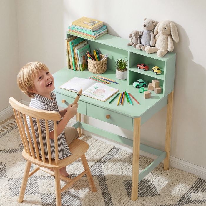 Bureau enfant en bois bureau avec rangement 2 tiroirs et 3 compartiments ouverts plateau large 90x52x105cm vert