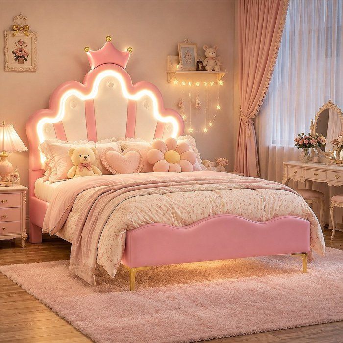 Lit enfant 90x200 avec LED UTTQEW lit Princesse en Forme de Couronne Tête de Lit Réglables Hauteur Lit simple Rembourré
