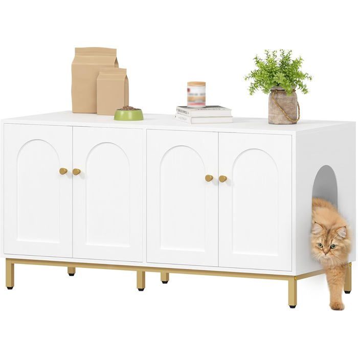 Meuble de litière caché pour chat - 119 cm adapté pour 2 chats - Couleur blanc et or