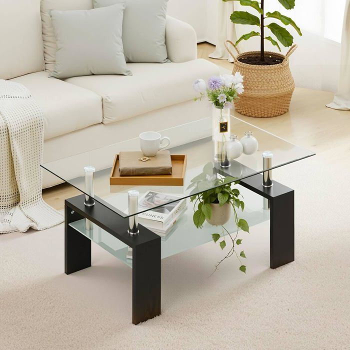 Table basse rectangulaire avec cadre en métal - table dappoint en verre trempé avec étagères de rangement-meubles de salon (noir)