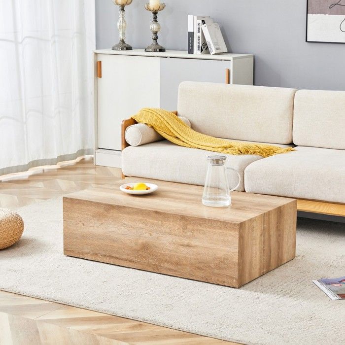 Table basse rectangulaire effet bois clair. 90x50x30cm MDF sans montage. Pieds antidérapants style luxe moderne.