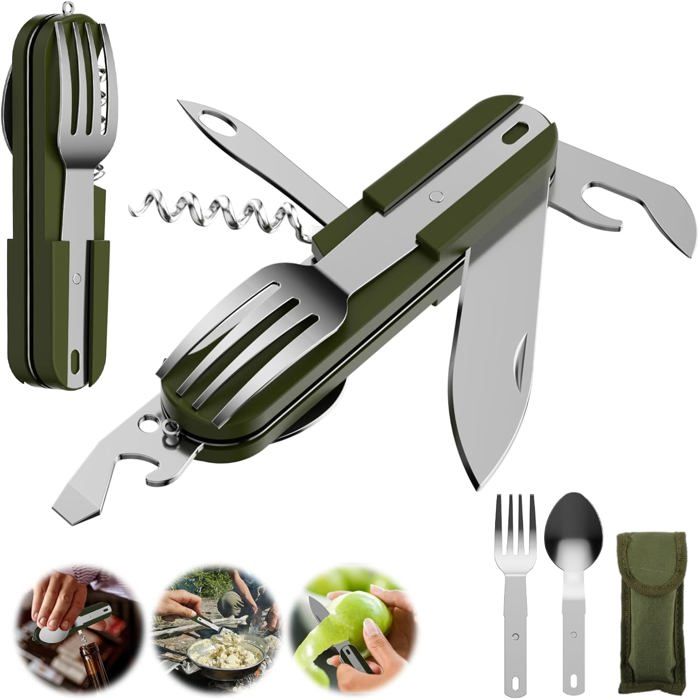 Couverts camping 7 en 1 multifonction pliante en acier inoxydable vaisselle voyage accessoires randonnée pique-nique ple - Vert