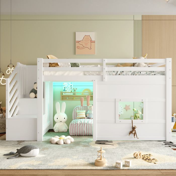 Lit mezzanine - KOMHTOM - 90x200 cm - Escalier avec rangements - Pin massif - LED intégrée Lit mezzanine - KOMHTOM - 90x200 cm - Escalier avec rangements - Pin massif - LED intégrée