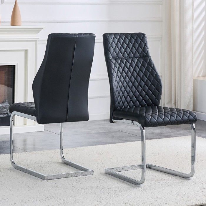 CollaHausse Lot de 2 Chaises de Salle à Manger à Motif Losange Noir Dossier Haut Structure Métallique Argentée
