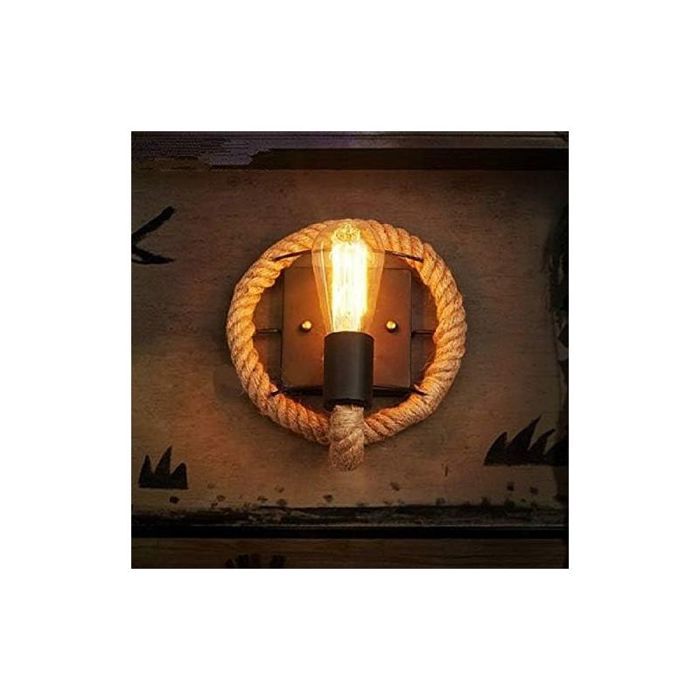 Applique murale LED - PZCC - Round - Style vintage - Rotation 240° - Fer forgé & corde de chanvre