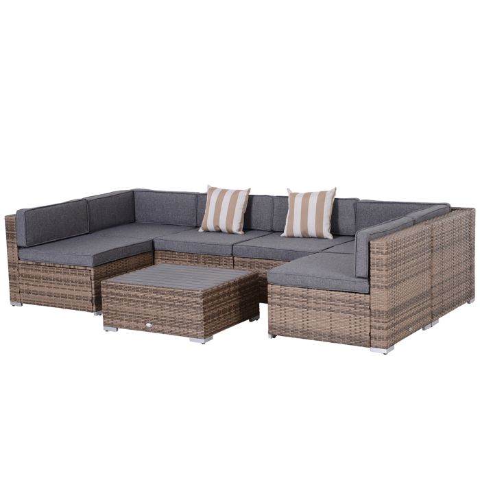 LIA Salon de jardin en rotin 7 pièces avec table basse et canapé modulable avec coussins gris