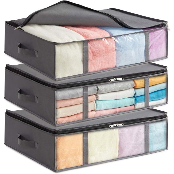 Sacs de rangement sous lit - Lot de 3 - 40 L par sac - Dimensions 60x45x15 cm - Fenêtre transparente