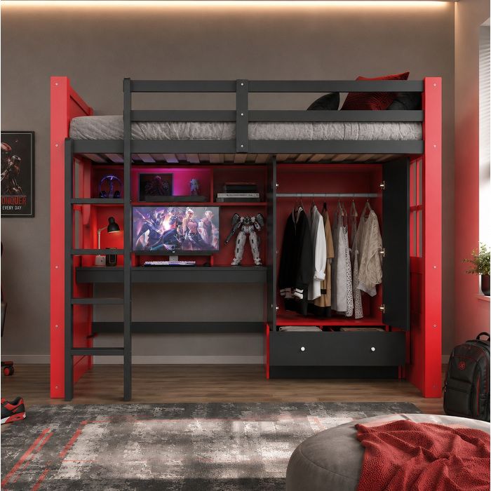 Lit Mezzanine 90x200 Bois Noir Rouge Lit Gaming FloraGrace Pour Chambre Ado Avec Bureau Et Armoire 205x1005x174cm