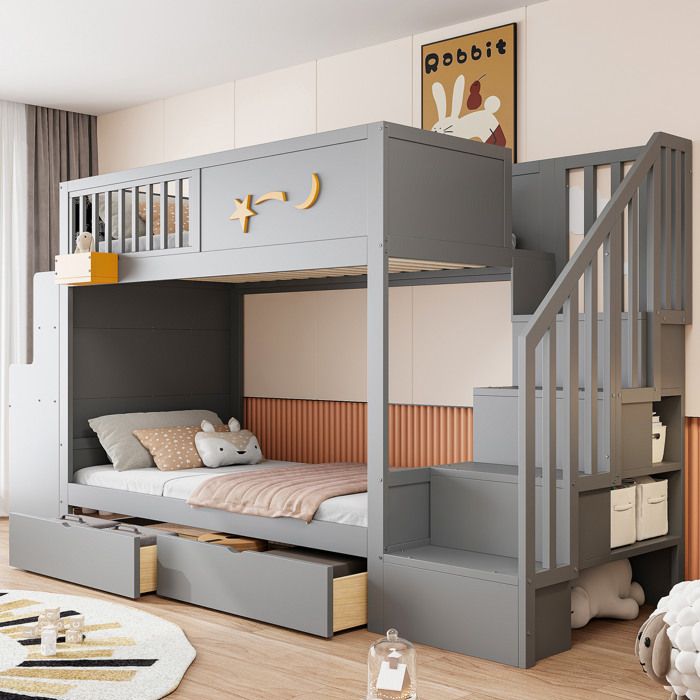 Lit Superposé Enfant 90 × 200 cm 2 tiroirs escalier rangement et bureau - YEAVIO - sans matelas bois gris