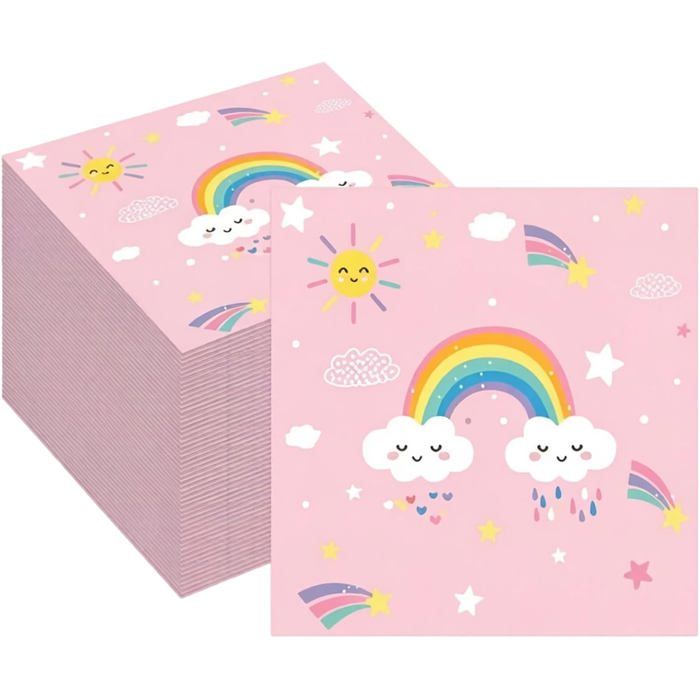 40 Pièces Serviettes Arc En Ciel Pastel À Fond Rose Serviettes De Table Avec Motif Arc-En-Ciel Nuages Et Soleil Pour Décoration