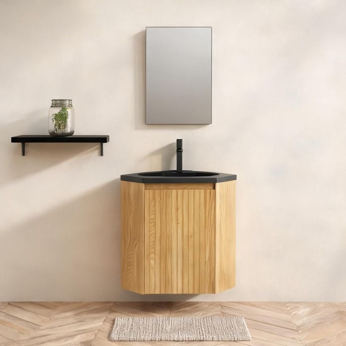 Meuble sous vasque dangle 38 cm en résine noire mate et bois naturel veinuré