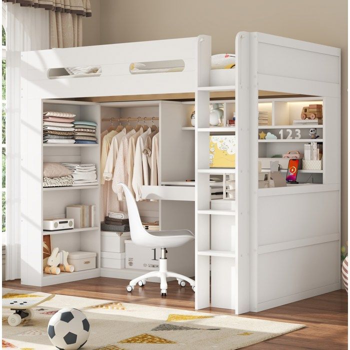Lit mezzanine 90x200 cm EVRYAE avec bureau intégré dressing tiroir étagères LED et USB blanc