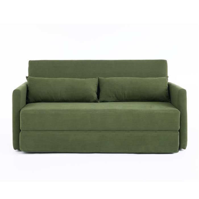Canape-lit pliant 2 places en tissu cotele vert avec 2 coussins lombaires et poches magazines 165 x 92 x 82 cm