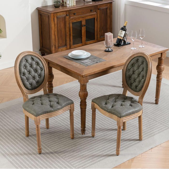 2 chaises style campagne française cadre bois massif patiné assise mousse HD ressorts acier dossier ovale capitonné