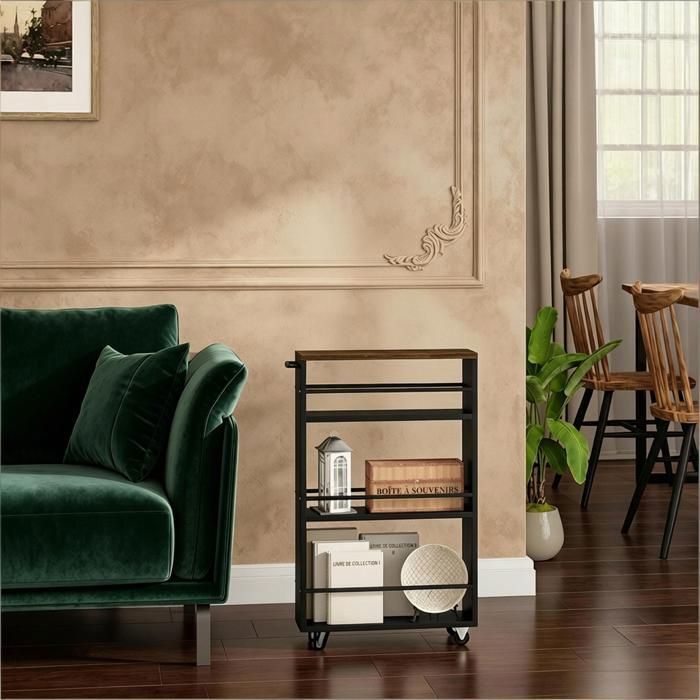 Desserte Cuisine Étroite à Roulettes 13cm Chariot de Rangement 3 Niveaux en Bois et Métal Meuble Gain de Place Norevia