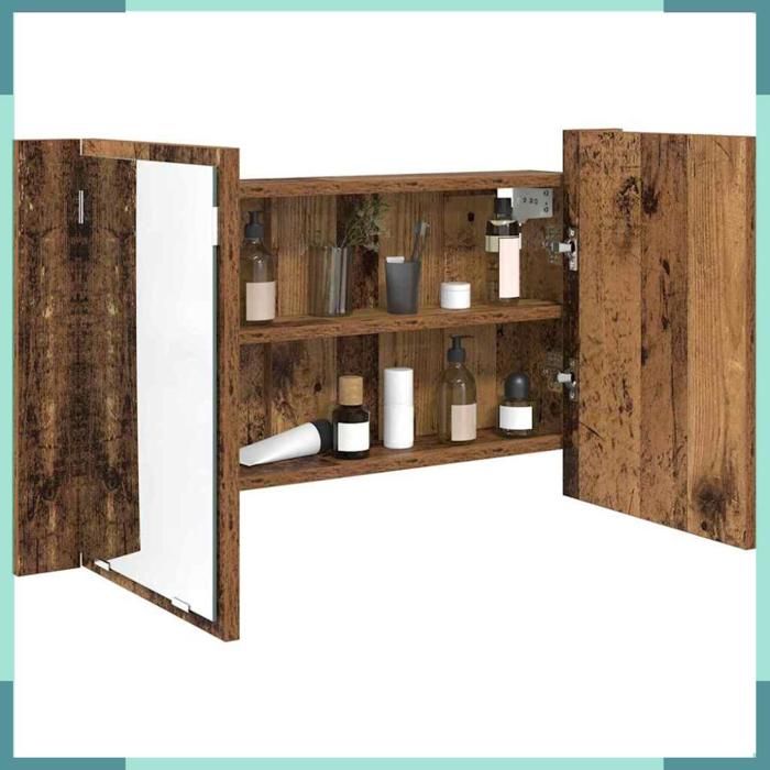 Armoire miroir de salle de bain - 886226 - Aspect bois ancien - Éclairage LED multicolore (USB) - 2 étagères 2 portes
