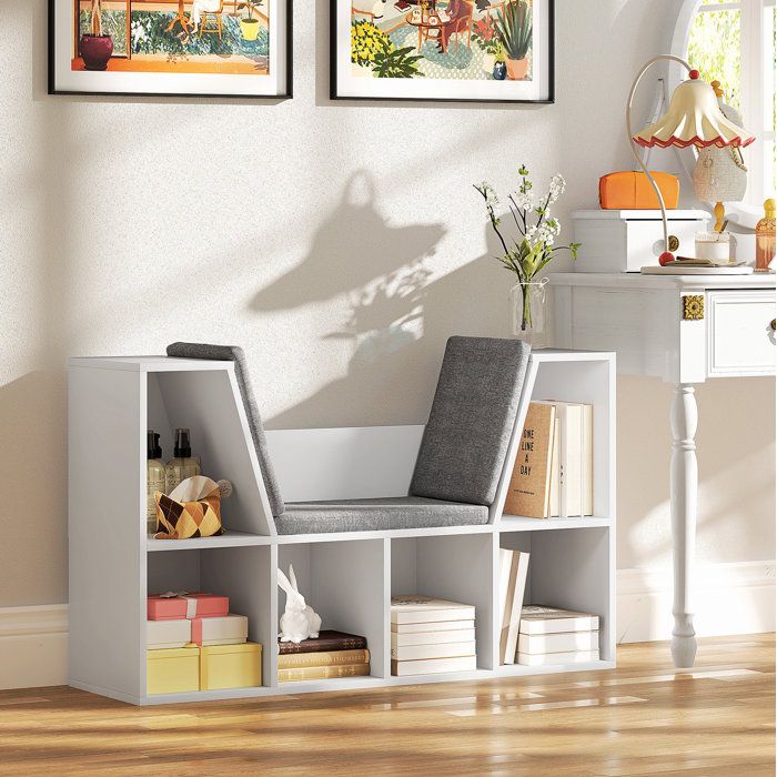 Bibliothèque banc avec coussin meuble de rangement 6 compartiments blanc panneaux de particules 105 x 30 x 63 cm ORVRYN