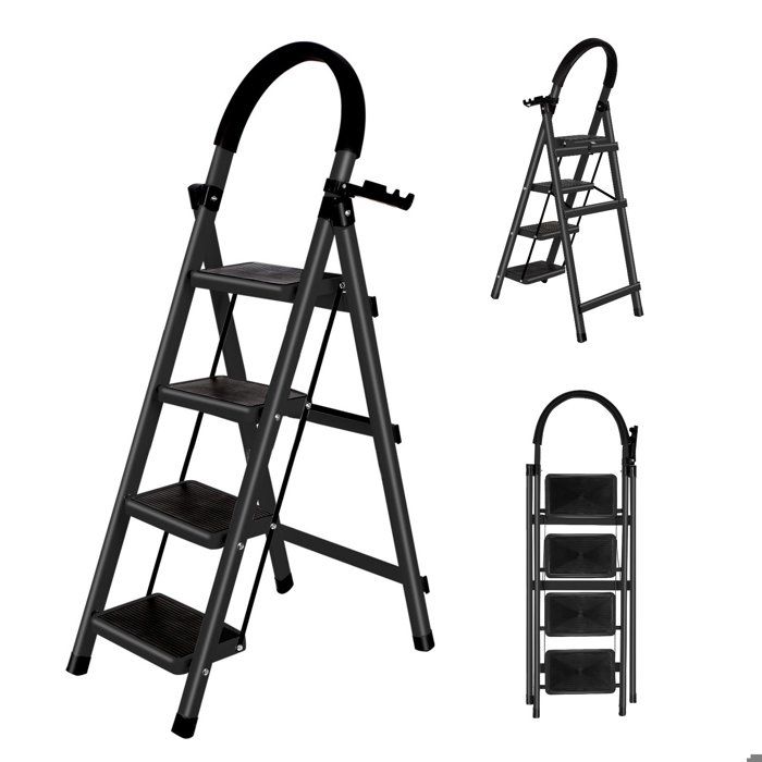 Escabeau à 4 marches Pliant avec marchepied antidérapant - Echelle en acier avec Mains Courant - Charge 100KG - Escabot Noir 120cm