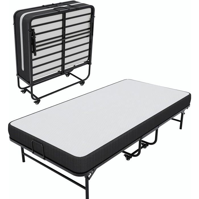 Brinlawb Lit Pliant 1 Personne 90x200 cm Cadre Métal Noir Matelas Mousse 10 cm 4 Roulettes Charge 250 kg
