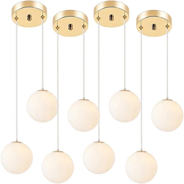 WOTTES 4 x Suspension à Globe Blanche 2 têtes Lampe Suspendue de plafond Moderne Dorée E27 Lustre pour Salon Salle à manger
