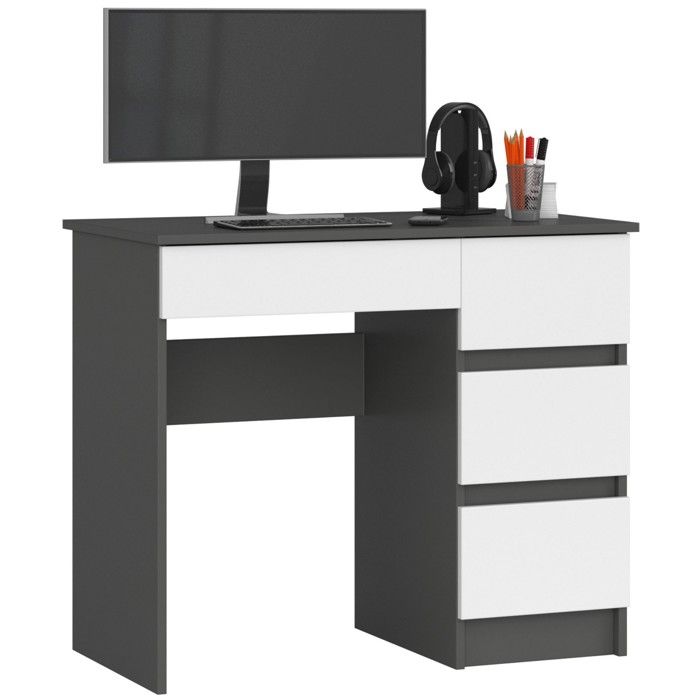 Bureau dordinateur AKORD droit A7 Gris Graphite 90 cm 4 tiroirs façade Blanche 90x50x77 cm