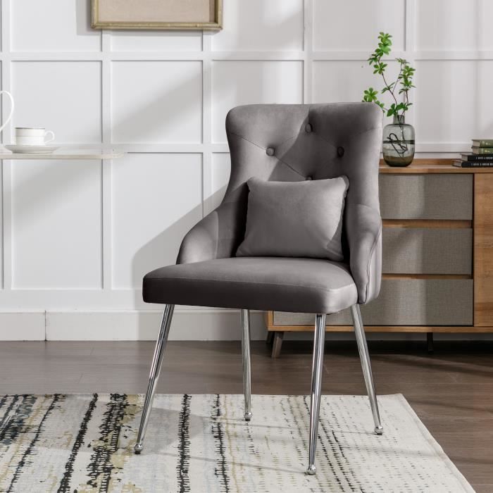 fauteuil rembourré, chaise à pieds en métal, avec coussin lombaire, chaise de salle à manger à motif de boutons, gris