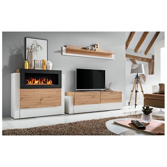 Meuble TV - ASM - Queens - Buffet avec cheminée bio - Système douverture push-click - Beige