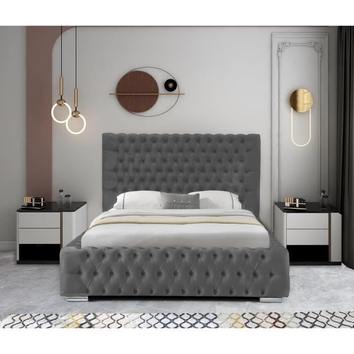 lit coffre en velours capitonnée avec tête de lit - saba 2 - gris - contemporain - design - a lattes