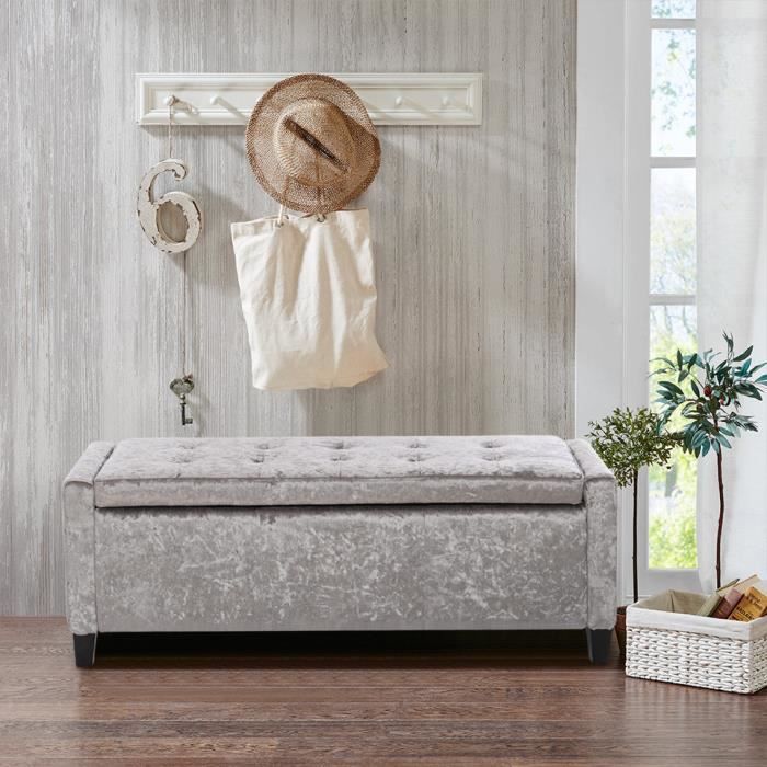 Banquette Banc Coffre De Rangement Velours Gris Brillant L