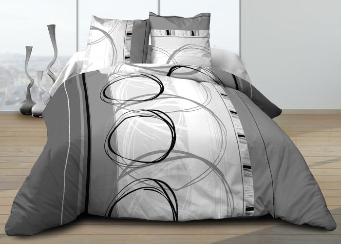 Parure Drap plat + drap-housse 140 x 190 + 2 Taies - Coton - Roue libre et gris