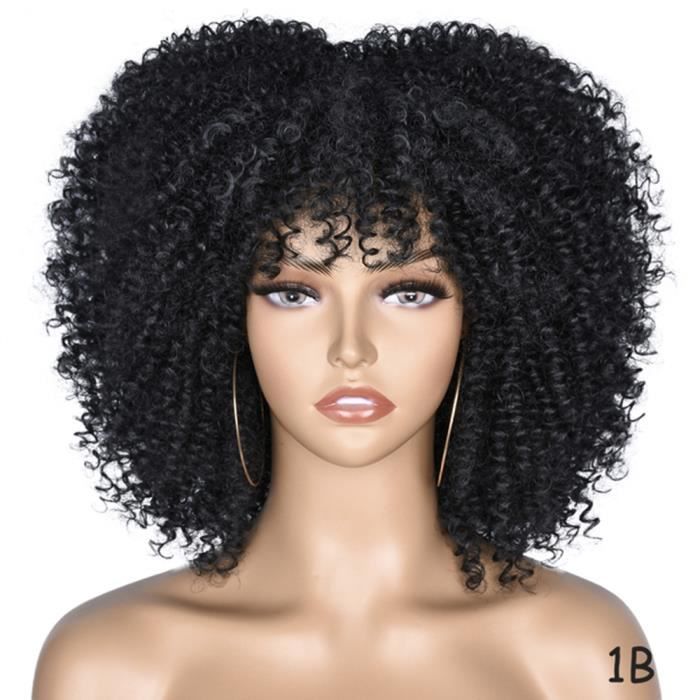 Perruque Synthétique Afro Bouclée Courte Noire Avec Frange - Bonnet Moyen + 4 Bonnets Inclus
